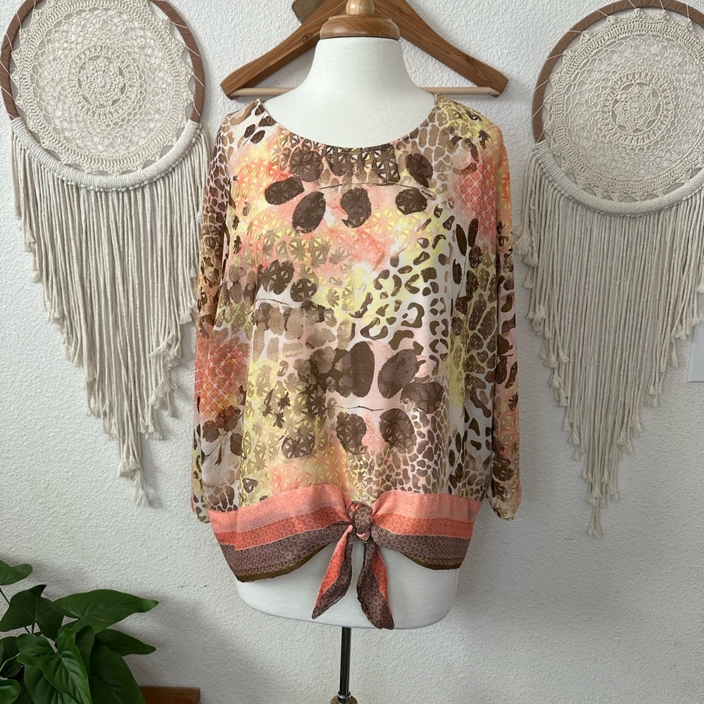 Melissa Paige peach and brown boxy floral flowy oversized blouse XL